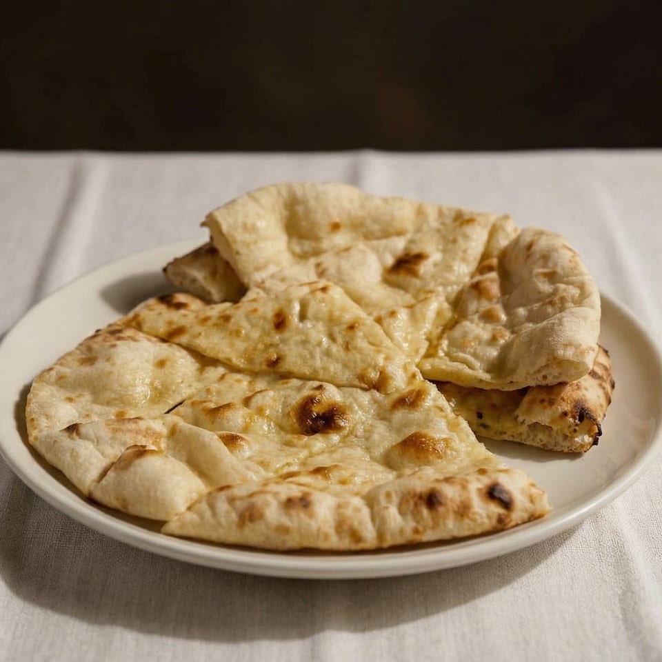A white plate holds several pieces of golden-brown naan bread with charred spots.