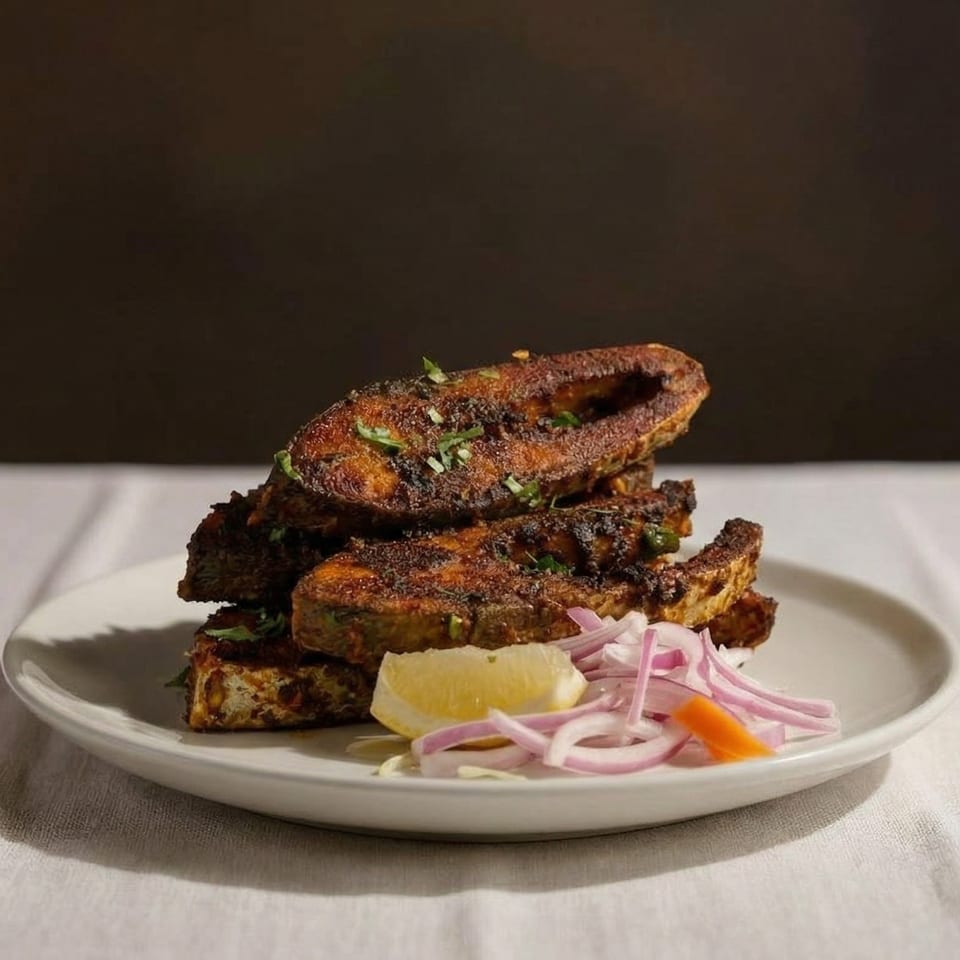 Crispy fried fish fillets, garnished with herbs, lemon, and red onion on a white plate.
