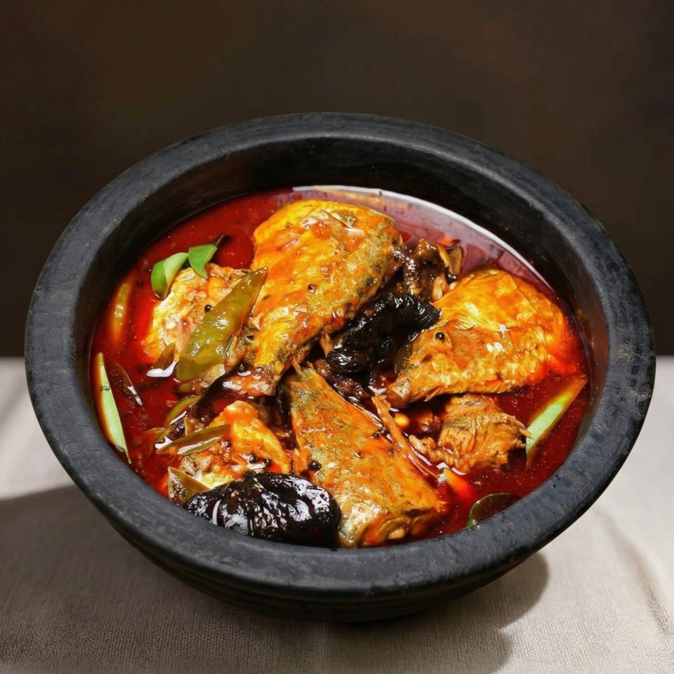 Spicy fish curry with green chilies and dark spices in a black clay pot.