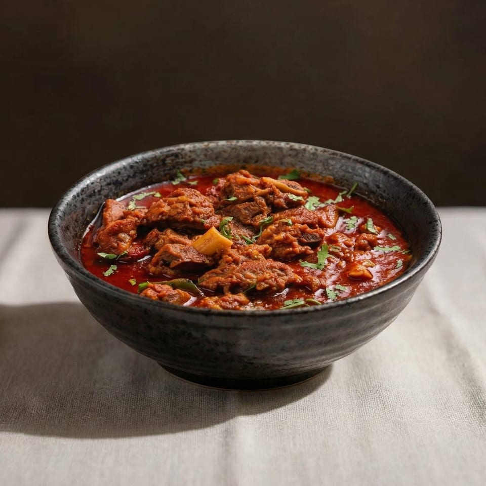A dark bowl of rich red curry with chunks of meat and green herbs on a light tablecloth.