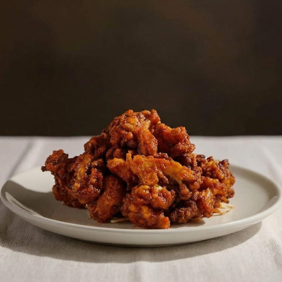 A white plate holds a mound of crispy, golden-brown fried chicken pieces on a white tablecloth.