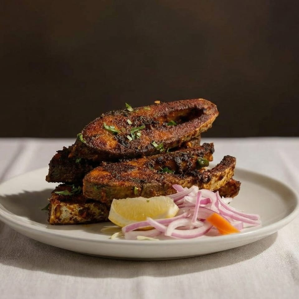 Crispy fried fish pieces seasoned with herbs, served with red onion and a lemon wedge.